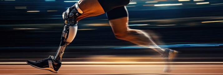 An athlete runs swiftly down the track using a prosthetic leg, showcasing determination and strength in an evening training session. Generative AI