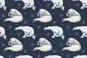 Watercolor seamless pattern seals animals. Christmas seals