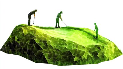 Abstract Geometric Green Grass Golf Course with Players in Action