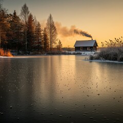 Obraz premium Cozy Winter Scenes: Rustic cabins, snowy landscapes, and charming holiday ambiance