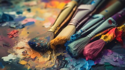 Obraz premium Vibrant Paintbrushes Resting on Colorful Palette Surface