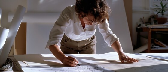 Illuminated by natural light, a thoughtful designer sketches blueprints, embodying creativity and focus in a serene workspace.