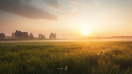 Obraz premium Serene Sunrise Over Misty Green Field