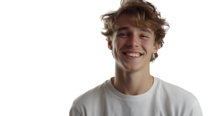 Portrait of happy young male teenager smiling with positive expression, isolated on white background, stylish casual look, joyful student with confident attitude and cool hairstyle, carefree youthful 