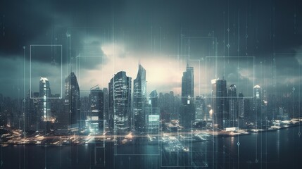 Obraz premium Futuristic City Skyline with Digital Overlay