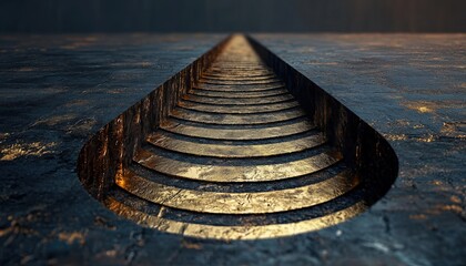 Fototapeta premium A striking abstract image featuring a spiral staircase effect carved into a textured, dark surface with golden highlights, ideal for use in design projects, backgrounds, or artistic presentations,