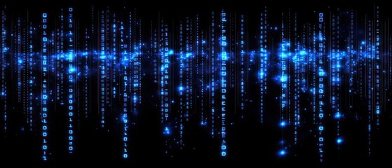 Naklejka premium A digital representation of cascading blue binary code against a black background.