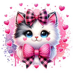 Cute Cat wearing a pink check bow Illustration - Generative AI