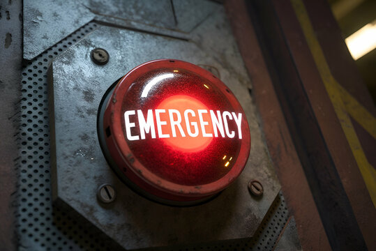 A glowing red emergency button with the word "EMERGENCY" prominently displayed, set against a metallic background.