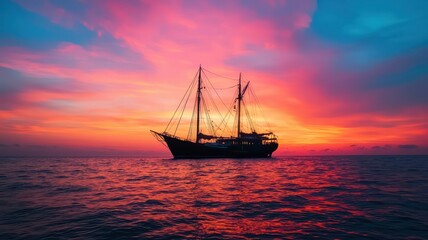 Silhouette of a sailboat against a vibrant sunset sky over the ocean.