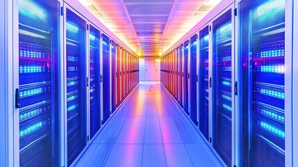 Obraz premium A brightly lit server room features rows of data storage units, showcasing futuristic blue and orange lighting in a high-tech environment.