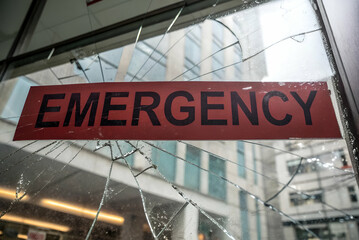 Obraz premium A broken window displays a prominent 