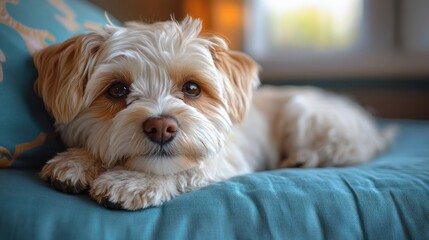 A small, fluffy white dog with brown ears lies on a blue blanket, looking directly at the camera.