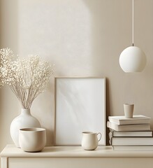 Minimalist Home Decor with White Frame, Vase, and Books