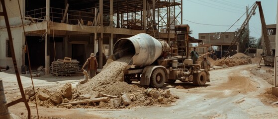 A cement mixer pours its load at a construction site bustling with activity, capturing a moment of industrious energy and the transformation of space.