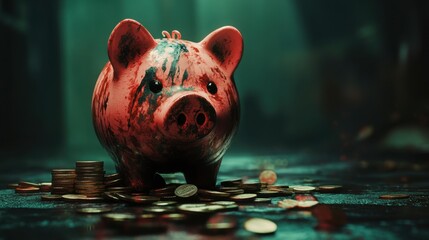 Distressed Piggy Bank with Coins on Dark Surface