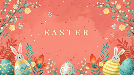 Obraz premium Easter celebration with bunnies and decorated eggs on floral background