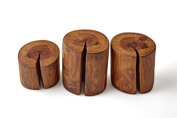 three brown walnut wood cuts with cracks for product demonstration isolated on white background
