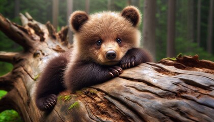 Obraz premium kleines Grizzly chillt auf Baumstamm