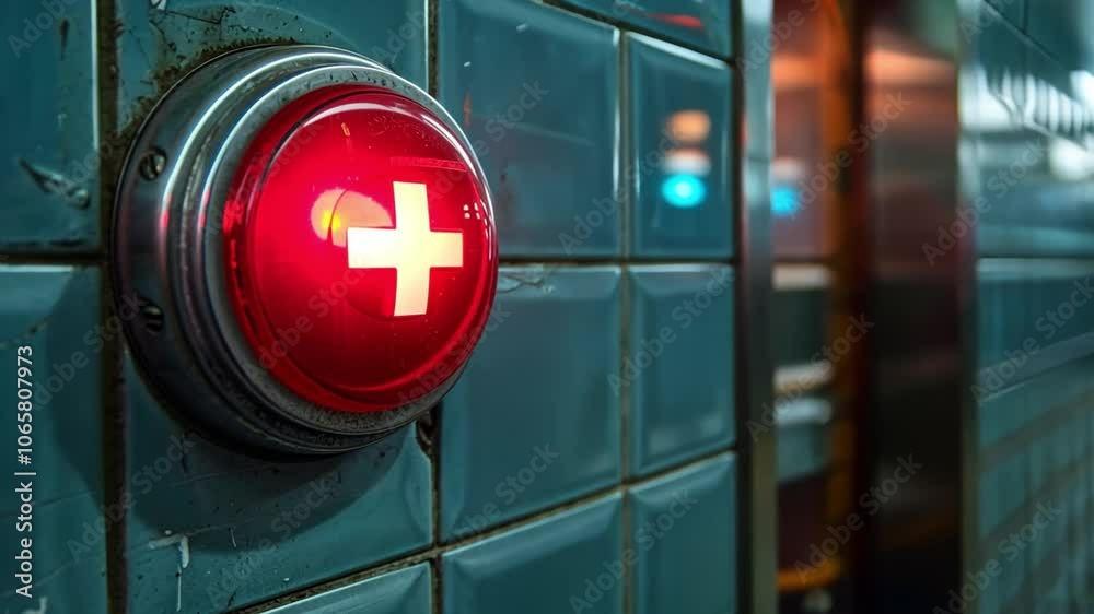 Poster A glowing red emergency alert button is prominently displayed on the tiled wall of a subway station, emphasizing the importance of safety measures for commuters below ground.