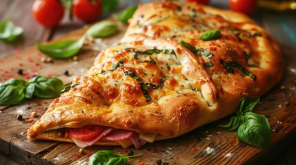 Traditional Italian Pizza Calzone filled with Ham, Cheese, Tomatoes, and Fresh Basil on Wooden Surface