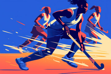 Field Hockey Players Competing in Intense Match. A stylized digital artwork of two female athletes with dark skin, engaging in a focused moment during a game, showcasing teamwork and skill.
