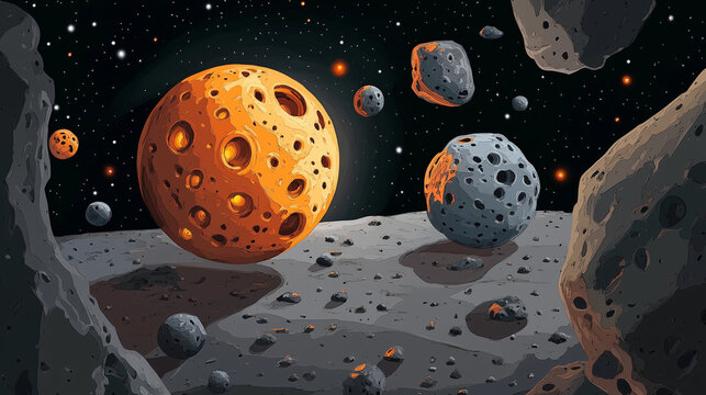 A space scene with planets and asteroids in 2D and 3D style, bright star lighting, creating volumetric depth
