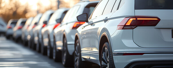 Back view many modern new SUV cars fleet stock at dealership parking lot. Automobile market production factory industry warehouse. Auto salvage buy and sell auction purchase seller platform