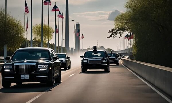 Presidential motorcade with black cars.