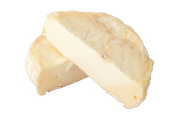 Two pieces of cheese with white mold. Isolated object on a transparent background