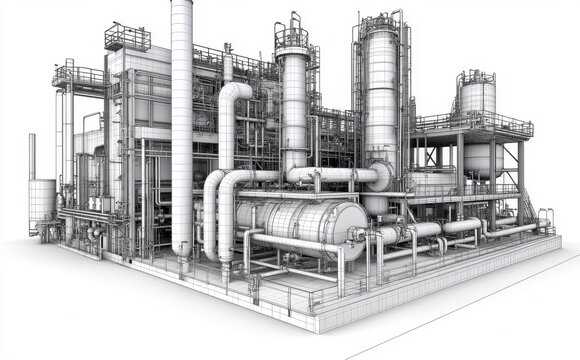 recommend clip art: A detailed outline of the complex industrial pipeline system in a manufacturing facility during daylight