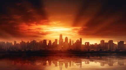Obraz premium Sunrise Over City Skyline with Reflection