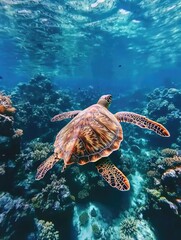 Fototapeta premium Turtle swimming over coral reef