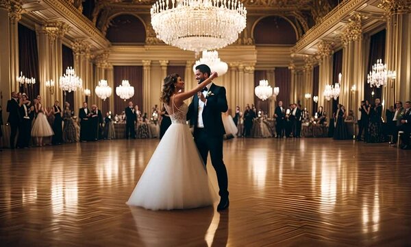 Couple dancing in a royal hall.