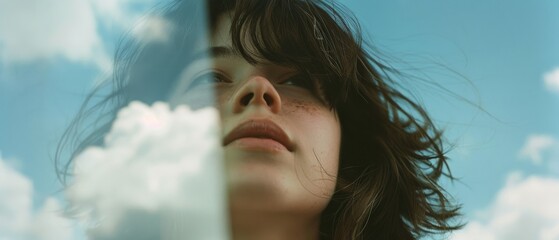 A reflective portrait of a thoughtful woman set against a backdrop of fluffy clouds and a blue sky, blending introspection with surreal elements.