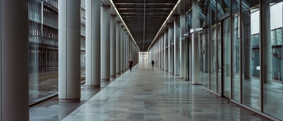 Naklejka premium A modern corridor stretches into the distance, its polished floors reflecting light. Two distant figures emphasize the vastness and symmetry of the architecture.