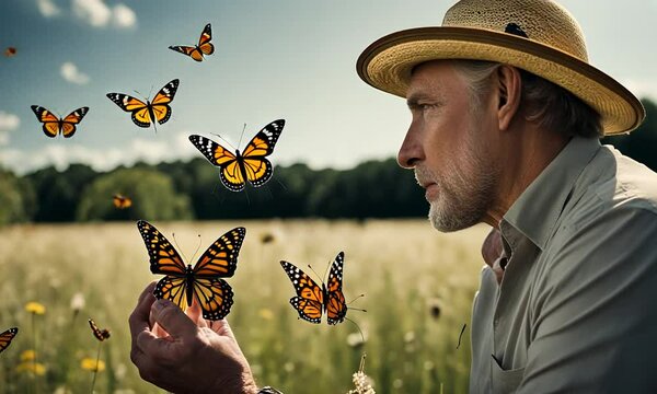 Lepidopterist man with butterflies.