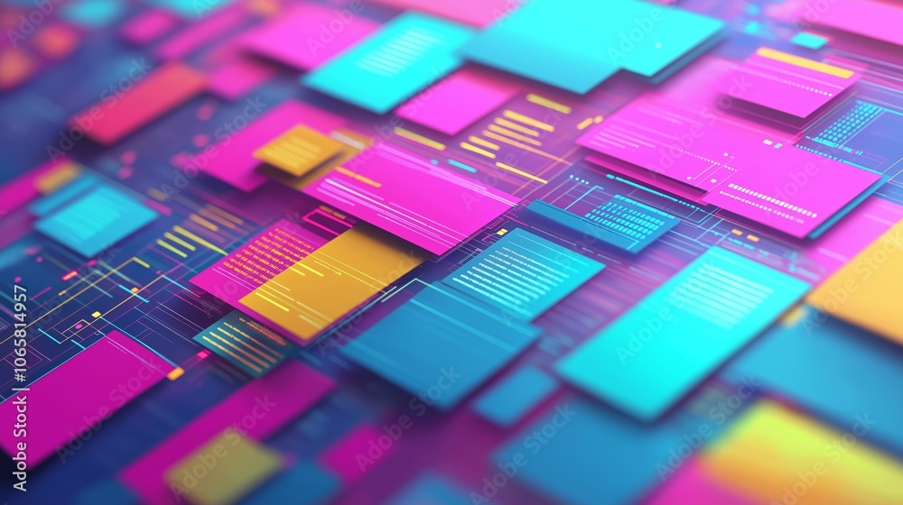 Aufkleber Colorful Abstract Data Blocks in 3D, Representing Technology, Digital Interface, and Modern Information Flow, Generative AI