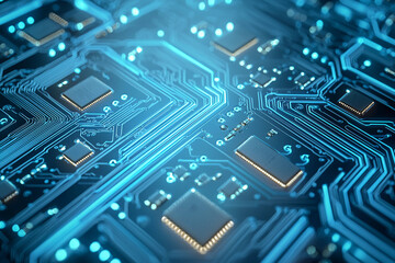 Intricate details of a blue circuit board with microchips