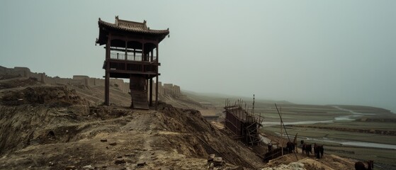 An ancient architectural structure stands against a foggy, desolate landscape, evoking history and isolation.
