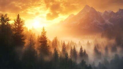 Fototapeta premium Dramatic sunset over a misty forest with golden rays filtering through the trees