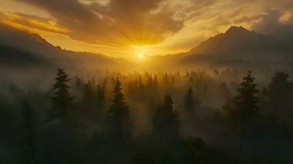 Obraz premium Dramatic sunset over a misty forest with golden rays filtering through the trees