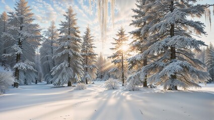 Winter Wonderland with Snow-Covered Trees and Sunlight Breaking Through