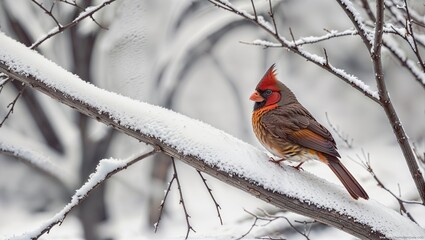 Cardinal Perched on Snow-Covered Branch in Winter