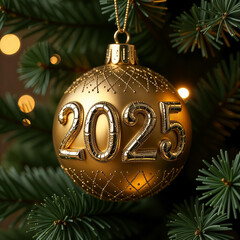 Gold inscription 2025  on a beautiful New Year's yellow ball on a branch of a green Christmas tree, close-up, festive square illustration