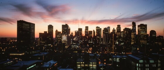 Fototapeta premium City skyline at dusk, the sky ablaze with pink and orange hues, as the twinkling lights of skyscrapers begin to awaken.