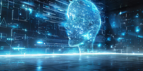 Obraz premium A glowing digital head profile with data and technology elements, symbolizing artificial intelligence, digital transformation, and futuristic technology.