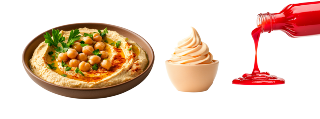 Hummus with red pepper and fresh parsley, ketchup poured from glass bottle, creamy Chipotle mayonnaise isolated on a white transparent background