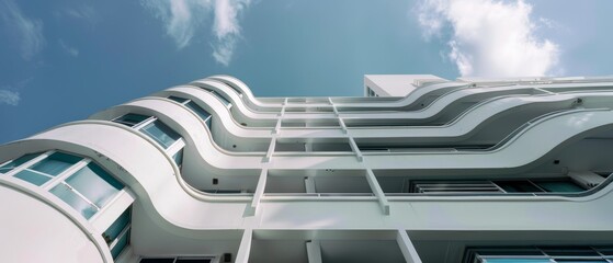 A modern architectural facade with swooping curves stands tall against a clear blue sky, showcasing clean lines and symmetry.