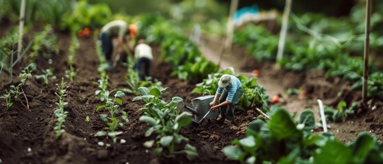 A miniature scene depicting diligent gardeners working methodically in lush rows of vegetables, symbolizing dedication and growth.